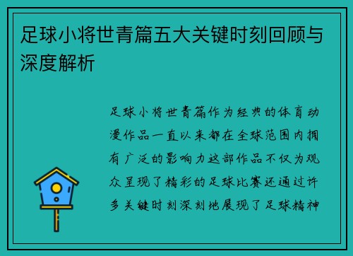 足球小将世青篇五大关键时刻回顾与深度解析