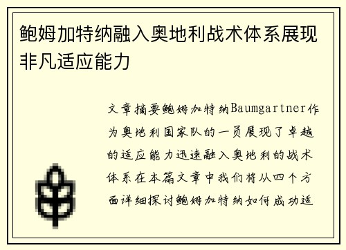 鲍姆加特纳融入奥地利战术体系展现非凡适应能力 鲍姆加特纳融入奥地利战术体系展现非凡适应能力