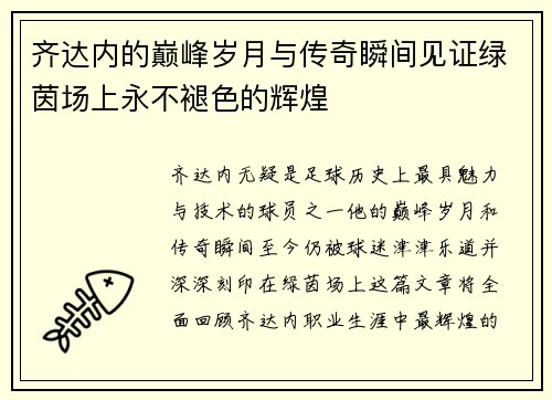 齐达内的巅峰岁月与传奇瞬间见证绿茵场上永不褪色的辉煌